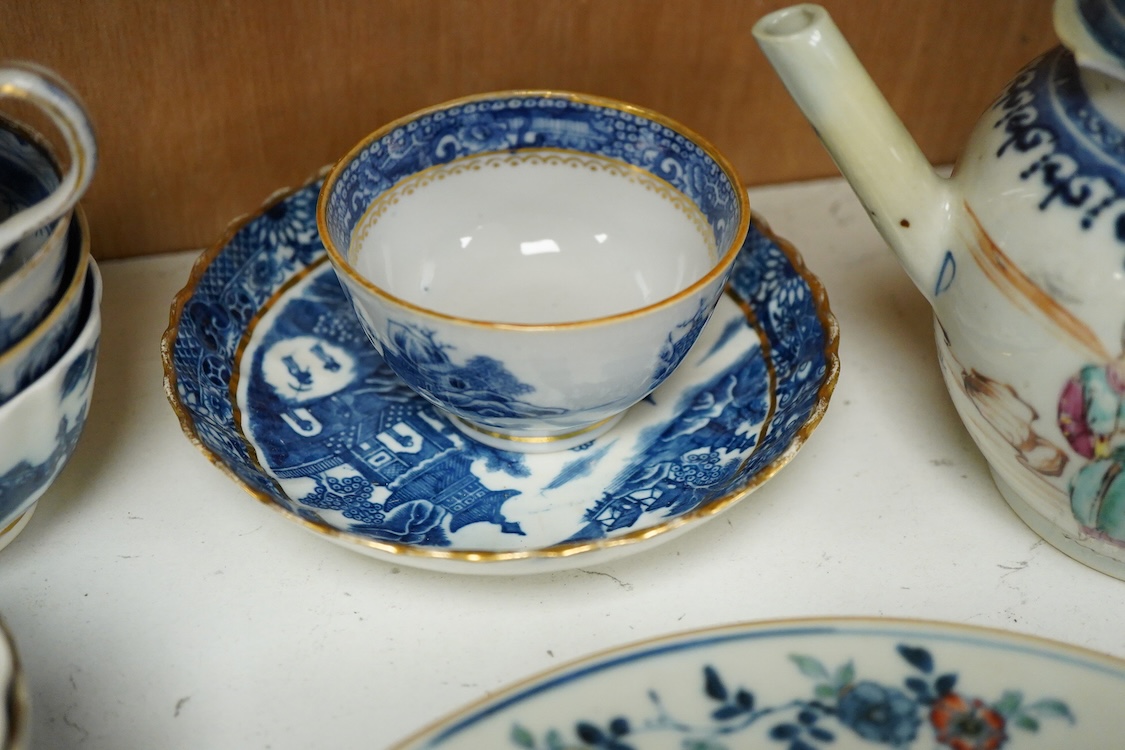 A Chinese Kangxi doucai plate, a group of 18th century Chinese porcelain tea wares and a porcelain bottle probably Korean 19th century, teapot - 15cm high